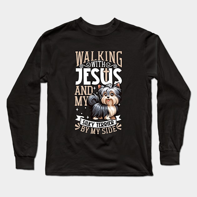 Jesus and dog - Australian Silky Terrier Long Sleeve T-Shirt by Modern Medieval Design